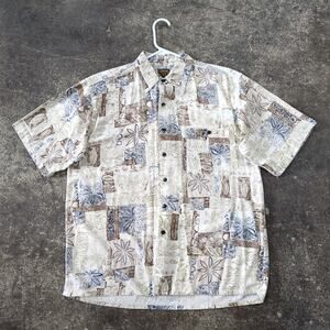 Vintage Bruno Hawaiian Barkcloth Shirt Mens L Tan Silk Tropical Made in Italy